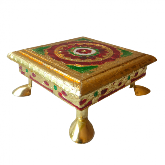 Golden Meena / Meenakari Flower Design Wooden Stool Chowki Puja Stand/ bajot with Metal Legs 5 inches by 5 inches (₹200)