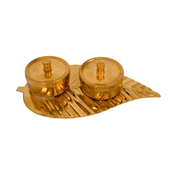 Brass Haldi kumkum Box karanda / Kankavati (leaf shaped), Length 4 Inches (₹250)
