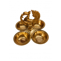 Brass Chowmukh, Chopala, Chokra | Peacock Handle 4 Cup Pooja Tika Holder for Aarti & Akshat, Length 3.5 Inch (₹650)