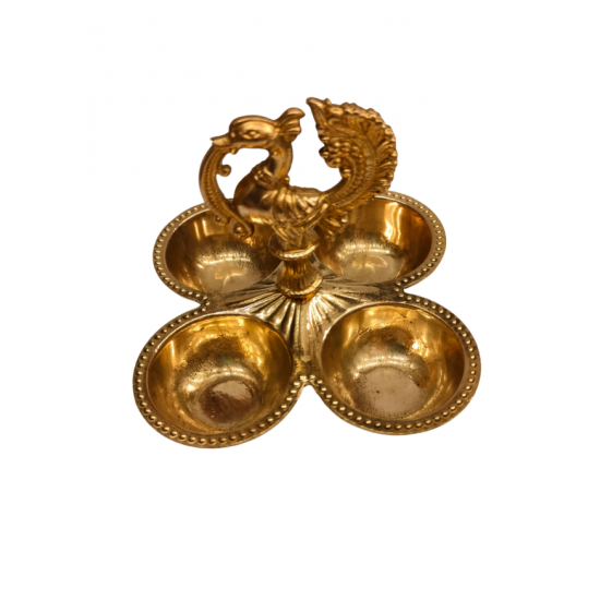 Brass Chowmukh, Chopala, Chokra | Peacock Handle 4 Cup Pooja Tika Holder for Aarti & Akshat, Length 3.5 Inch (₹650)