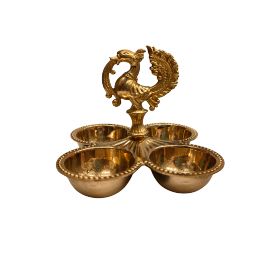 Brass Chowmukh, Chopala, Chokra | Peacock Handle 4 Cup Pooja Tika Holder for Aarti & Akshat, Length 3.5 Inch (₹650)