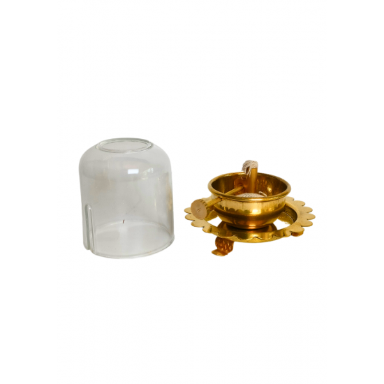 Brass Akhand Jyot Diya with Adjustable Batti Knob, Wick Lifting Screw Lever and Glass Cover, Total Height 3.5 Inches (₹1200)