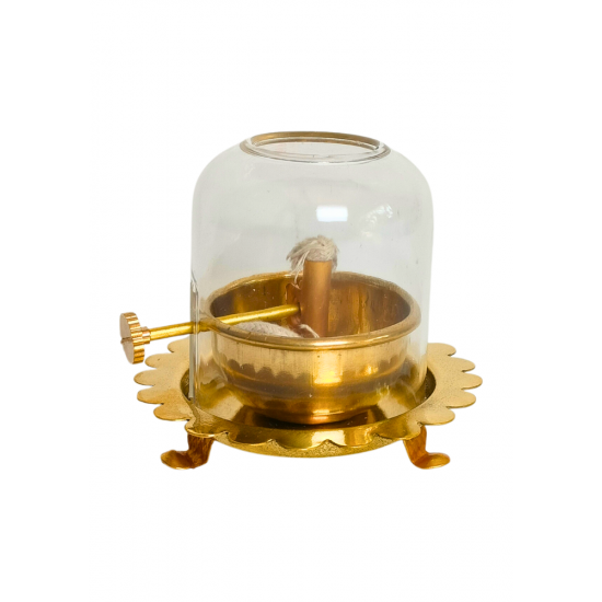 Brass Akhand Jyot Diya with Adjustable Batti Knob, Wick Lifting Screw Lever and Glass Cover, Total Height 3.5 Inches (₹1200)