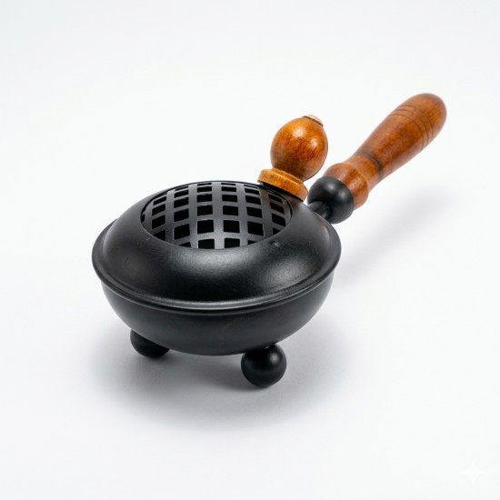Metal Dhoop Dani with Black Painted Finish & Wooden Handle - 8 Inch Loban Holder & Incense Burner for Pooja and Gifting (₹300)
