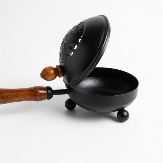 Metal Dhoop Dani with Black Painted Finish and Wooden Handle - 11 Inch Loban Holder & Incense Burner for Pooja and Gifting (₹360)