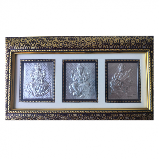 Pure Silver Lakshmi Ganesh Saraswati Frame for Pooja room mandir/ Gifting, Wall Mount, 14 in by 8 in (₹950)