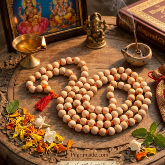 Japa Mala for Meditation & Chanting 108 + 1 Beads with Red Tassel / Wooden Knotted Jap Mala with Beige color Beads (₹49)