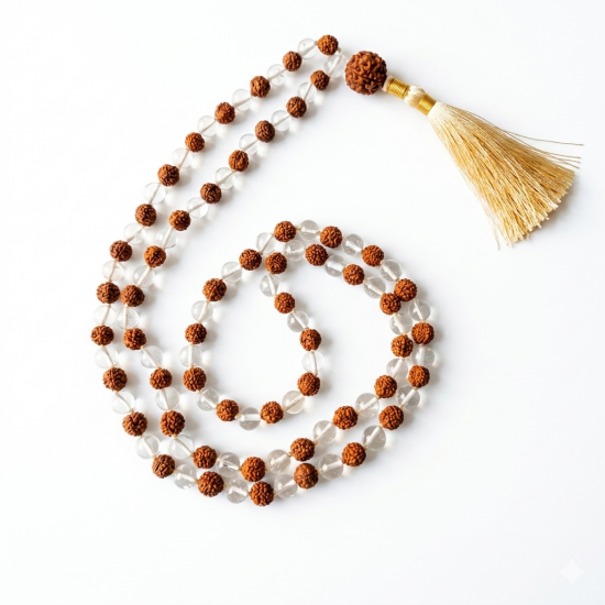 Original Panch Mukhi Rudraksha Sphatik Jaap mala for Pooja & Wearing (108 Beads) / Real Spatik Japa Rudraksh mala / Natural Clear Quartz Crystal and Rudraksha Necklace Jap Mala (₹1999)