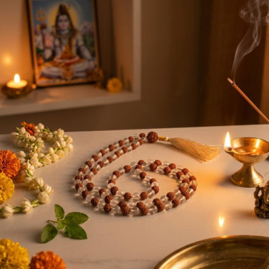 Original Panch Mukhi Rudraksha Sphatik Jaap mala for Pooja & Wearing (108 Beads) / Real Spatik Japa Rudraksh mala / Natural Clear Quartz Crystal and Rudraksha Necklace Jap Mala (₹1999)