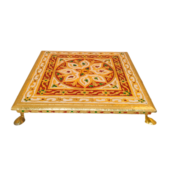 Golden Meena Pooja Temple Flower Design Wooden Designer Metal Stool Chowki Puja Stand/ Golden meenakari Wooden Pooja bajot chowki Flower Design for Pooja ghar for all purpose 12 inches by 12 inches (₹450)