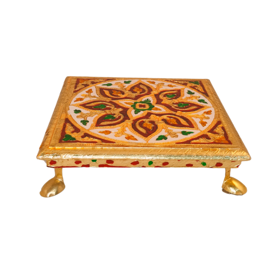 Golden Meena / Meenakari Flower Design Wooden Stool Chowki Puja Stand/ bajot with Metal Legs 7 inches by 7 inches (₹370)