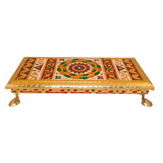 Golden Meena Flower Design Wooden Designer Stool Chowki Puja Stand/ All purpose Meena Gold Rectangle Paat choki for Pooja ghar / Patla Stool For Temple 11 in by 6 in (₹360)