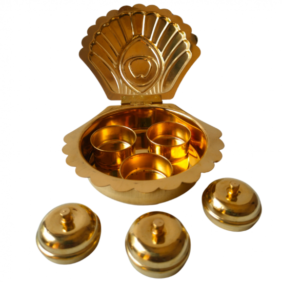 Brass Haldi kumkum Box karanda / Kankavati (oyester shaped), Length 4.5 Inches (₹740)