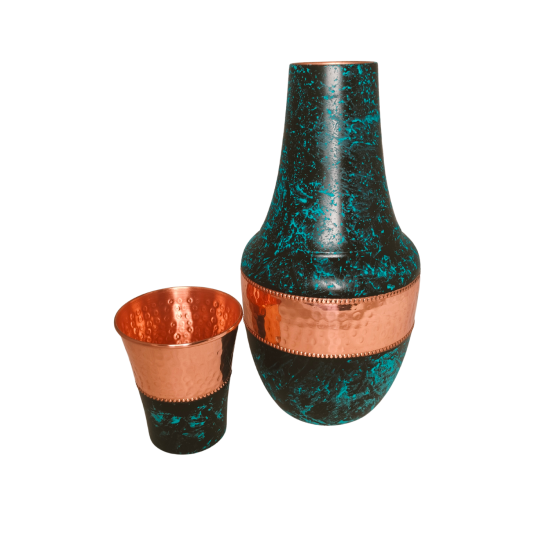 Copper Printed Bottle/ carafe/ water pitcher 1L with hammered design with 1 tumbler (Color Black & Blue, Marble pattern) (₹2000)