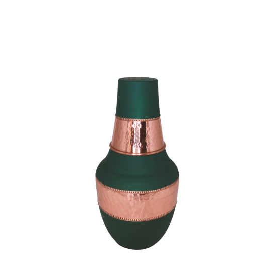 Copper Printed Bottle/ carafe/ water pitcher 1L with hammered design with 1 tumbler (Color Emerald Green, Matte finish) (₹1930)