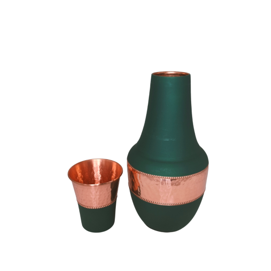 Copper Printed Bottle/ carafe/ water pitcher 1L with hammered design with 1 tumbler (Color Emerald Green, Matte finish) (₹1930)