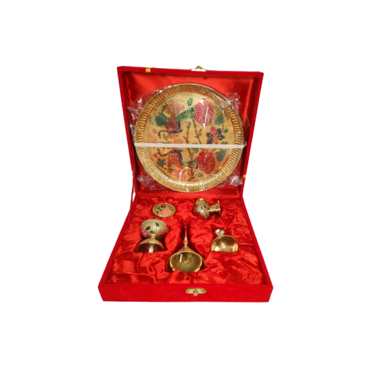Brass complete Pooja set (Etching enamel painted Design), Thali diameter 9 Inches (₹3180)
