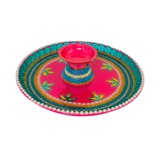 Handcrafted Decorative Steel Laminated Pooja Thali Set/ Aarti Platter/ Thali with 1 Diya Holder, Diameter 7 inches (₹1000)