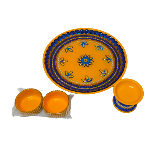 Handcrafted Decorative Steel Laminated Pooja Thali Set/ Aarti Platter/ Thali with Two Vati with 1 Diya Holder, Diameter 7 inches (₹1160)