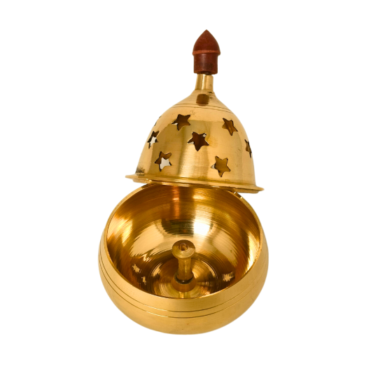 Brass Apple Shaped Akhand Diya Oil Lamp with cover (with Star shaped holes and knob), Height 4.5 Inches (₹500)