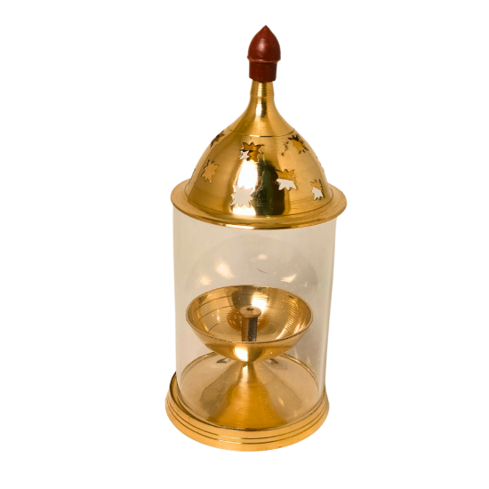 Akhand Diya Heavy Brass Oil Lamp with Glass Cover & Lid, Height 7 Inch (₹1000)
