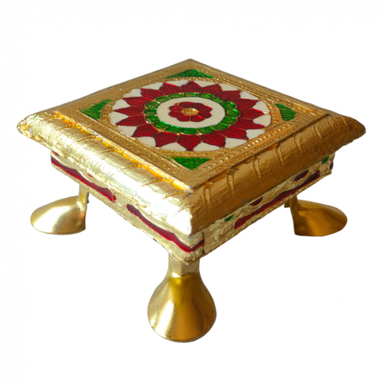 Golden Meena Pooja Temple Flower Design Wooden Designer Metal Stool Chowki Puja Stand/ Golden meenakari Wooden Pooja bajot chowki Flower Design for Pooja ghar for all purpose 4 inches by 4 inches (₹160)