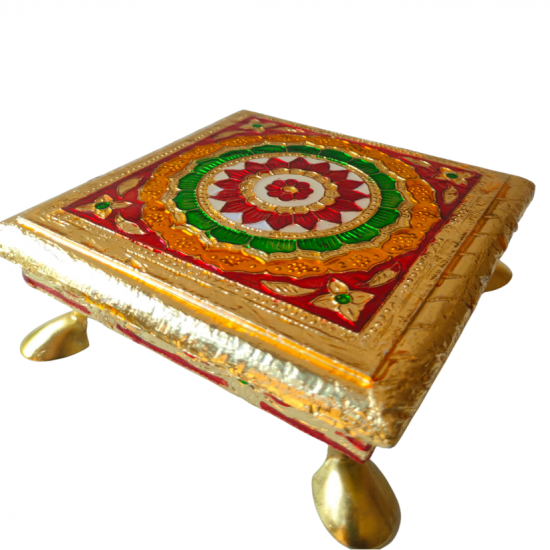Golden Meena / Meenakari Flower Design Wooden Stool Chowki Puja Stand/ bajot with Metal Legs 6 inches by 6 inches (₹210)
