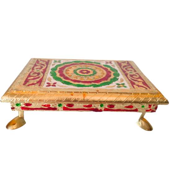 Golden Meena Flower Design Wooden Designer Stool Chowki Puja Stand/ All purpose Meena Gold Rectangle Paat choki for Pooja ghar / Patla Stool For Temple 7 in by 5 in (₹310)