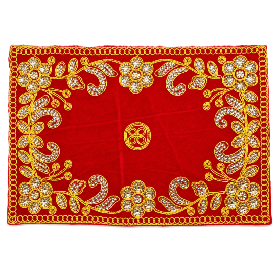 Embroidery Work Pooja chowki aasan kapda / Jari Altar Cloth for Pooja and Mandir (Red) (9 inch by 6 inch) (₹50)