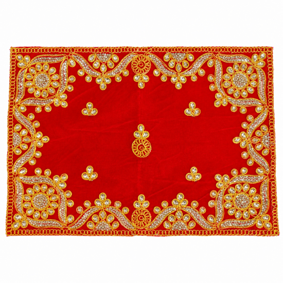 Embroidery Work Pooja chowki aasan kapda / Jari Altar Cloth for Pooja and Mandir (Red) (12 inch by 9 inch) (₹90)